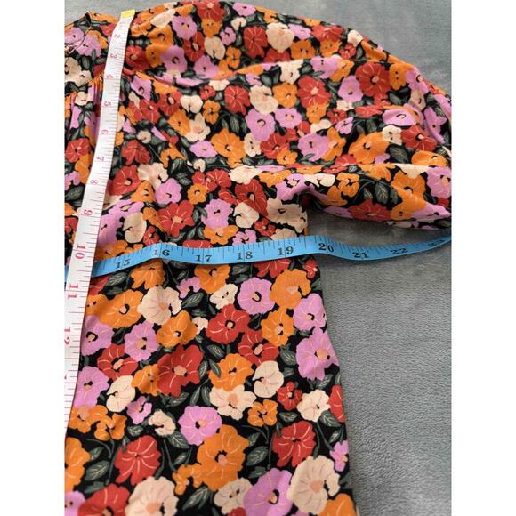 LOFT Brown Floral Puff Sleeve Peasant Blouse Keyhole With Tie Petite Medium - Picture 7 of 7